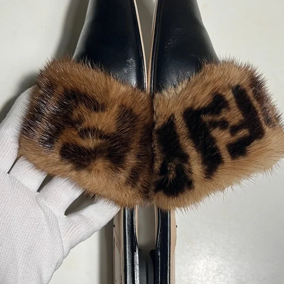 Fendi Black Leather Pointed Mules with Brown Logo Fur Band - Picture 6 of 11